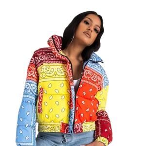 AZALEA WANG Womens size XL Paisley Patchwork Bandana Festival Zip Puffer Jacket